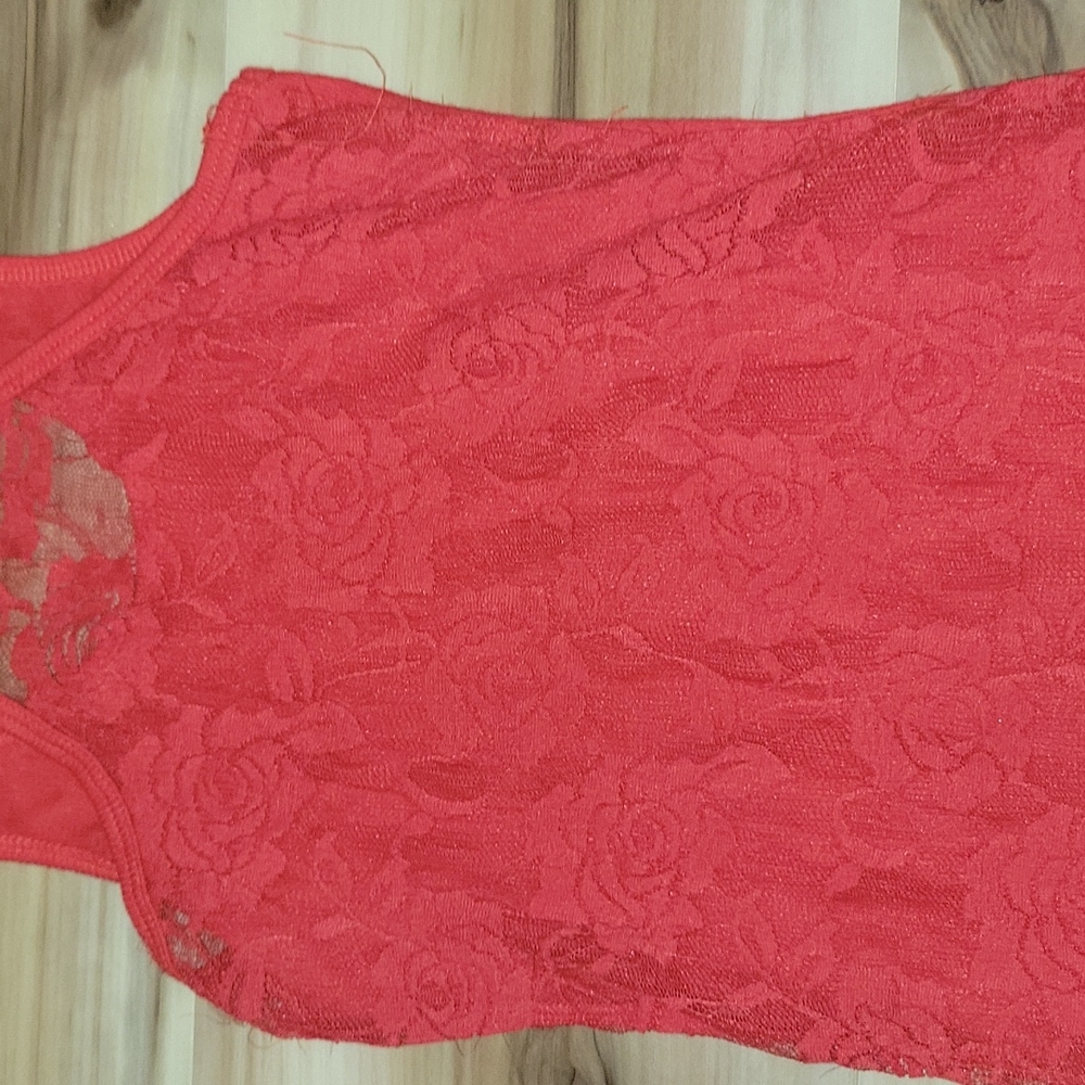Red Ribbed With Lace See Thru Back Tank Top - Picture 7 of 9